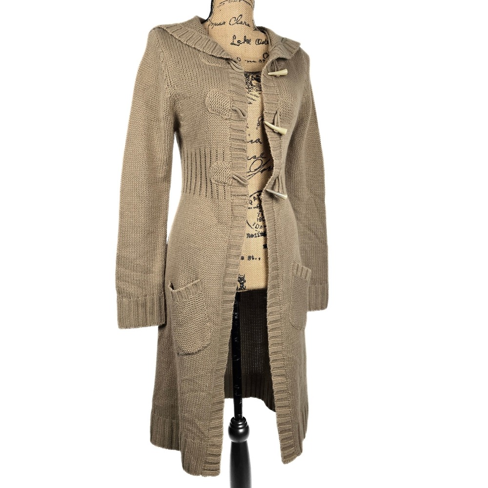 One Step Up Womens Taupe Brown Hooded Longline Toggle Cardigan Sweater Large